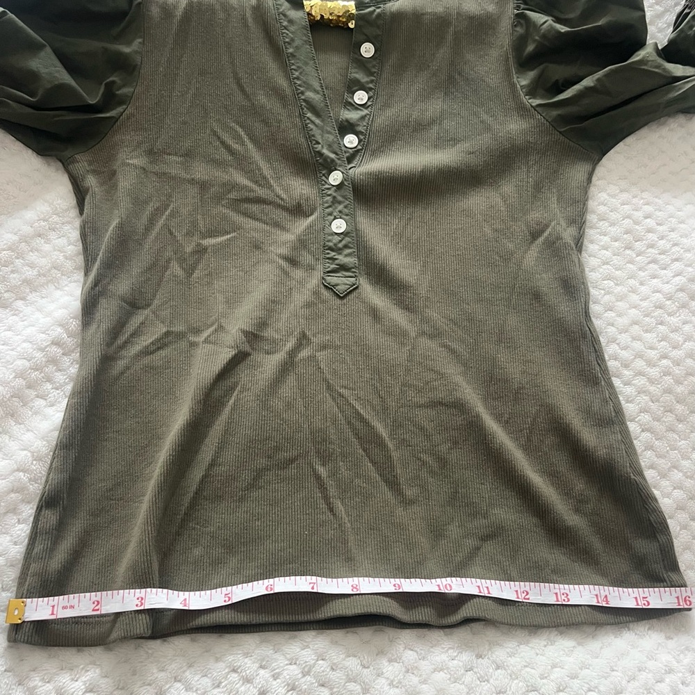 Veronica Beard Effy Woven Puff Sleeve Rib Top Olive Green - Picture 7 of 10